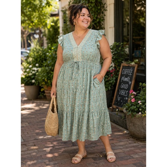 Lucky Brand Dresses & Skirts - Lucky Brand Midi Dress Plus Size 3X Mint Sage Floral Tiered Boho Cottagecore NWT
